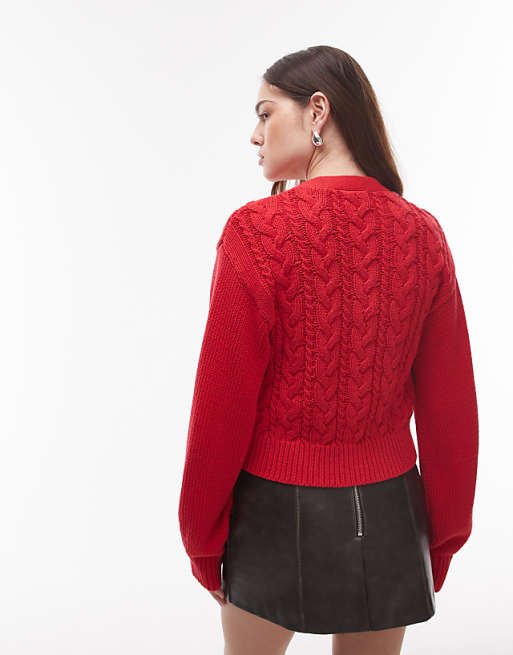 Topshop knitted chunky cotton cable cardigan in red | ASOS Topshop knitted chunky cotton cable cardigan in red | ASOS