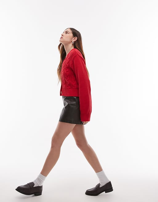 Topshop knitted chunky cotton cable cardigan in red | ASOS Topshop knitted chunky cotton cable cardigan in red | ASOS