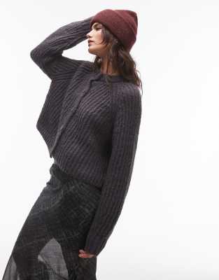 knitted chunky crew neck cardigan in charcoal-Gray