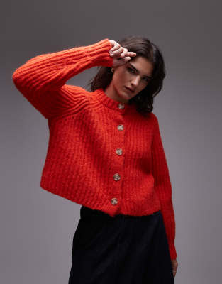 knitted chunky crew neck cardigan in red