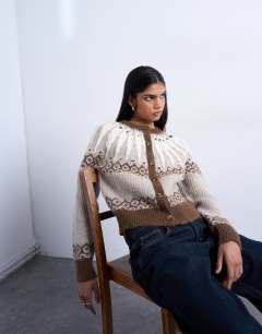 Knitted chunky fairisle cardigan in neutral
