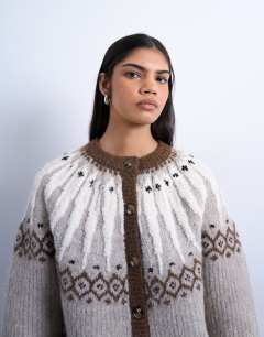 Model wearing Knitted chunky fairisle cardigan in neutral