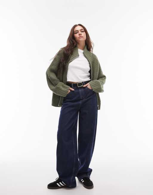 Topshop knitted chunky funnel zip cardi in green