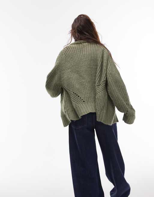 Topshop knitted chunky funnel zip cardi in green