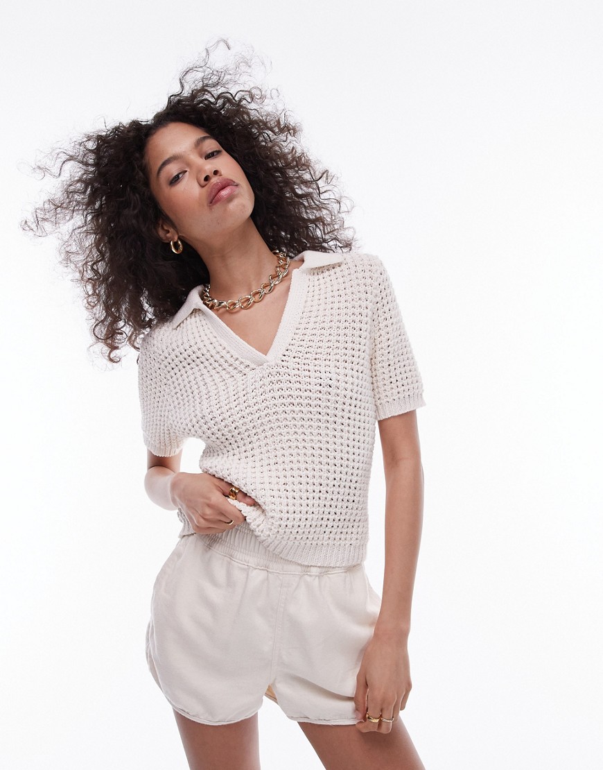 Topshop knitted chunky polo top in cream-White