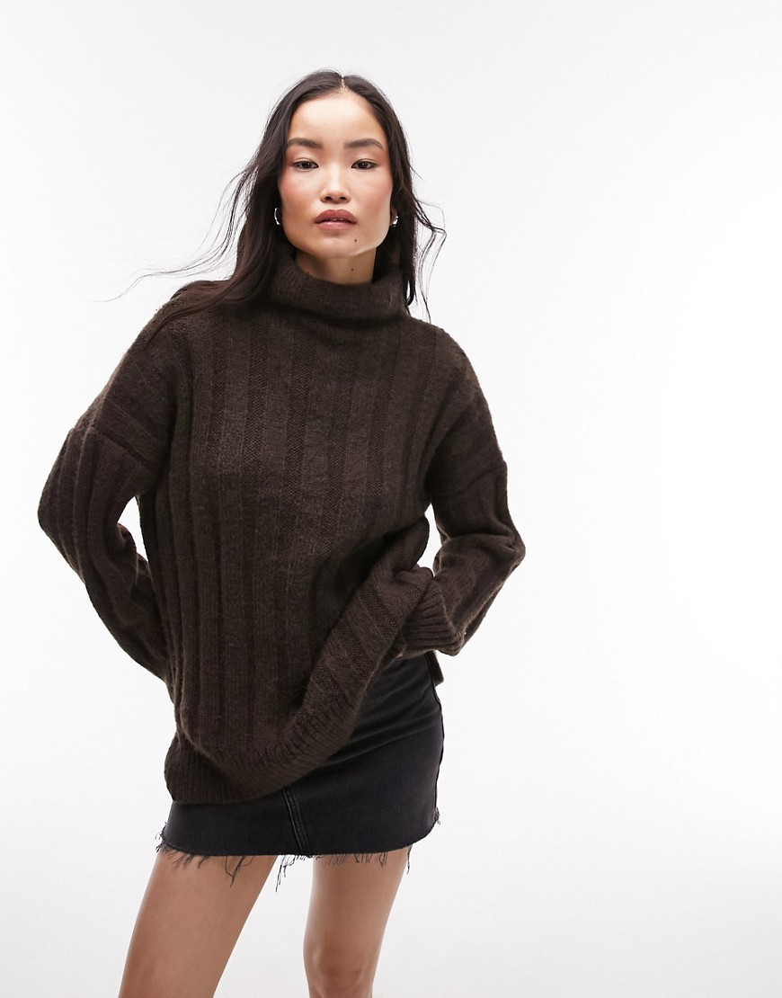Topshop knitted chunky rib oversized funnel jumper in brown