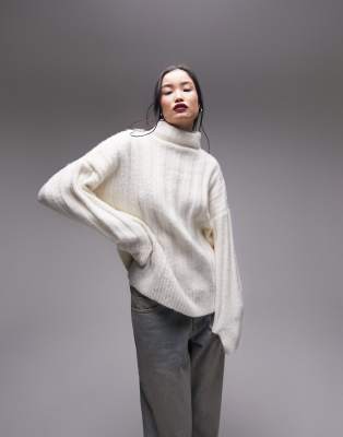 Topshop Knitted Chunky Rib Oversized Funnel Sweater In Ivory-white