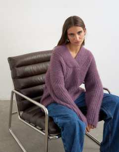 Knitted chunky shawl collar jumper in bruised purple