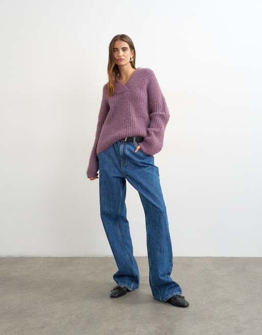 Topshop knitted chunky shawl collar jumper in bruised purple, 2 of 4
