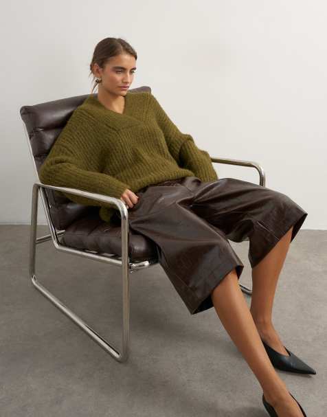 Topshop knitted chunky shawl collar jumper in green - view 1