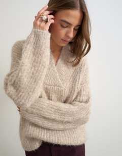 Model wearing Knitted chunky shawl collar jumper in oat