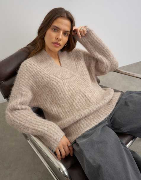 Topshop knitted chunky shawl collar sweater in oat - view 1