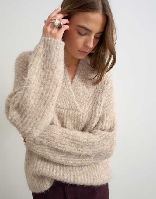 Topshop knitted chunky shawl collar sweater in oat, 3 of 4