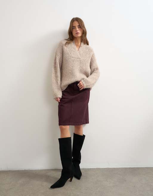 Topshop knitted chunky shawl collar sweater in oat, 4 of 4
