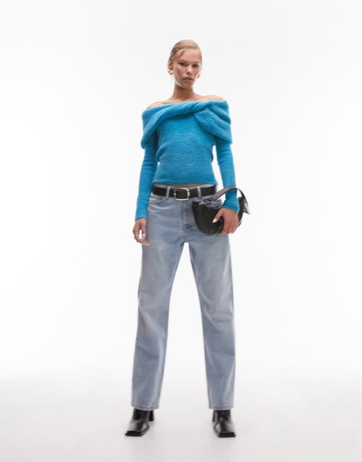 Topshop knitted chunky twist bardot top in blue, 3 of 4