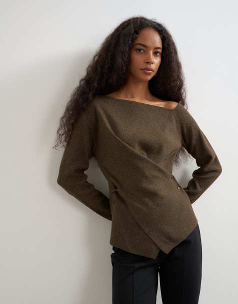 Topshop knitted cinch twist top in brown - view 1