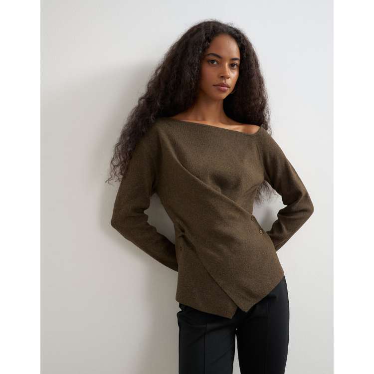 Topshop knitted cinch twist top in brown | ASOS