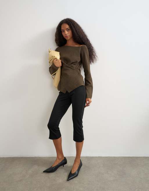 Topshop knitted cinch twist top in brown, 3 of 4