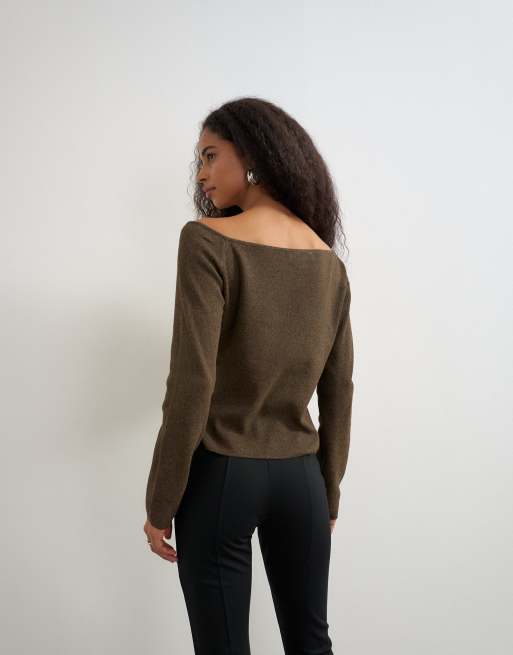 Topshop knitted cinch twist top in brown, 4 of 4