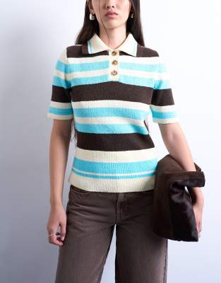 Topshop knitted cinched polo top in multi stripe