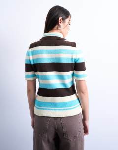 Model wearing Knitted cinched polo top in multi stripe