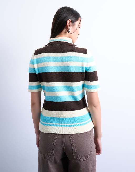 Topshop knitted cinched polo top in multi stripe, 4 of 4