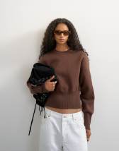 Topshop knitted clean cinch waist jumper in chocolate