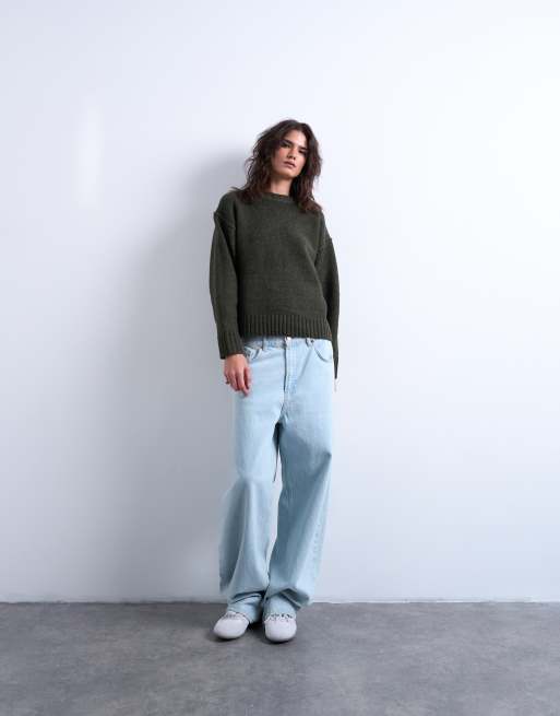 Topshop knitted clean exposed seam jumper in khaki, 2 of 4