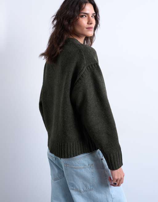 Topshop knitted clean exposed seam jumper in khaki, 3 of 4