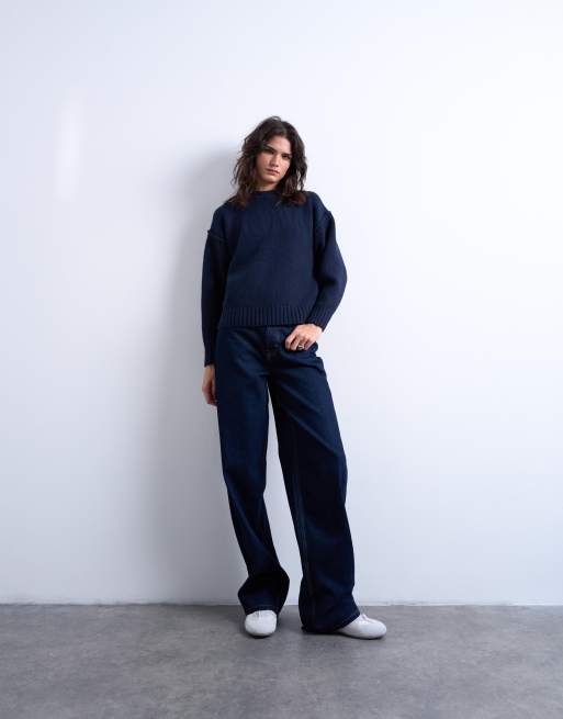 Topshop knitted clean exposed seam jumper in navy