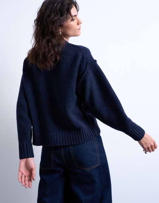Topshop knitted clean exposed seam jumper in navy