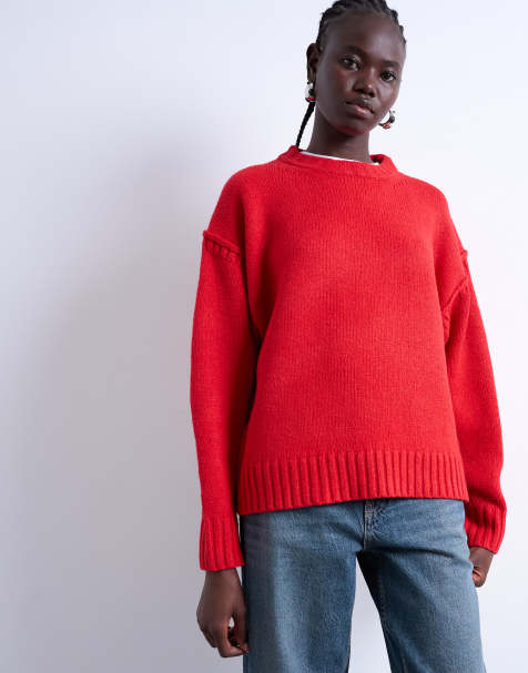 Topshop knitted clean exposed seam jumper in red - view 1