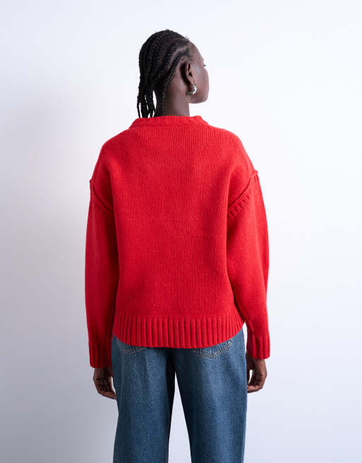 Topshop knitted clean exposed seam jumper in red
