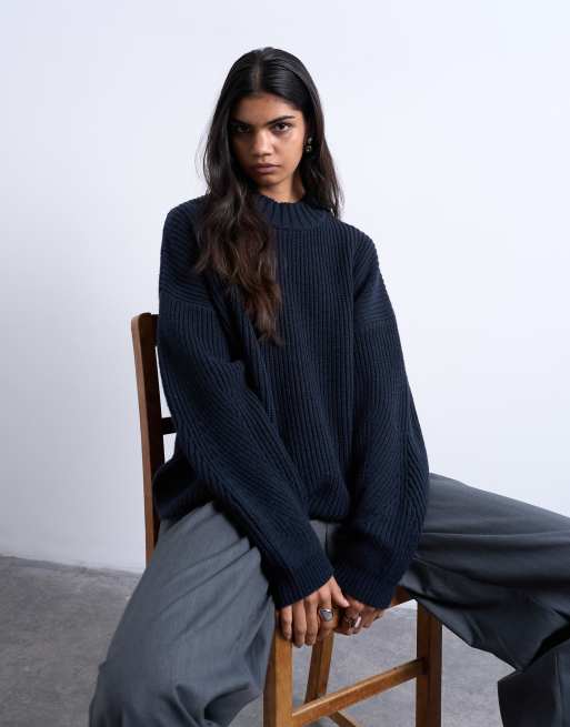 Topshop knitted clean mid neck jumper in navy