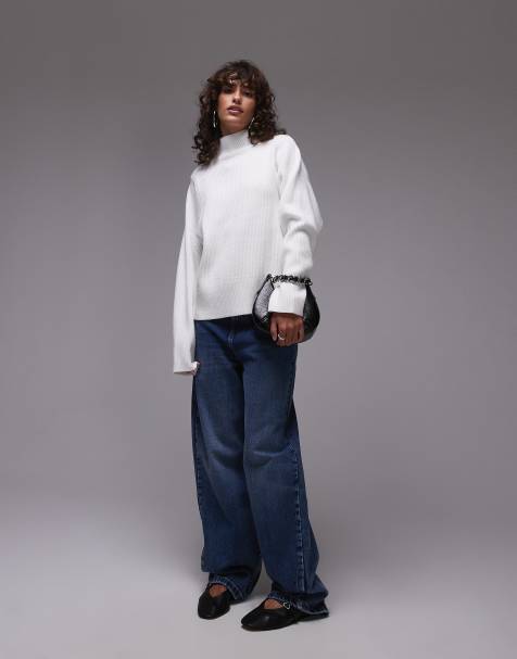 Topshop knitted clean rib funnel jumper in cream - view 1