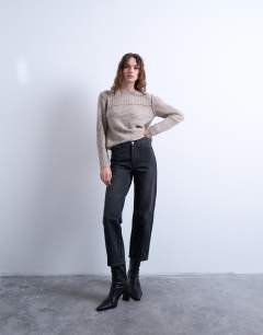 Model wearing Knitted co-ord asymmetric top in oat