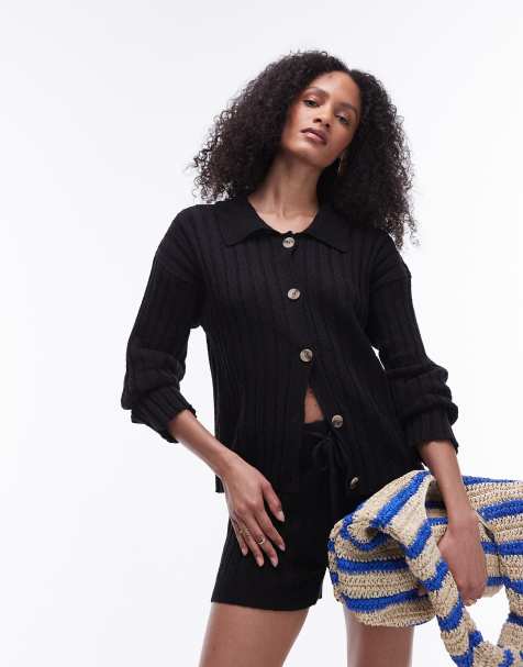 Topshop knitted co-ord button through ribbed shirt in black - view 1