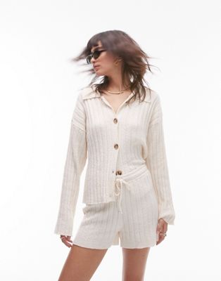 Topshop knitted co-ord button through ribbed shirt in ivory-White