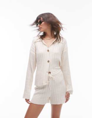 Topshop Topshop knitted co-ord button through ribbed shirt in ivory-White