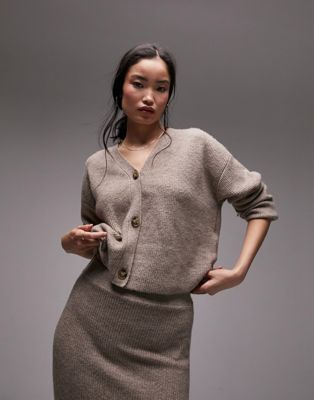 Topshop knitted co-ord cardigan in mushroom