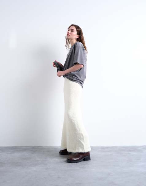 Topshop knitted co-ord fluffy skirt in cream