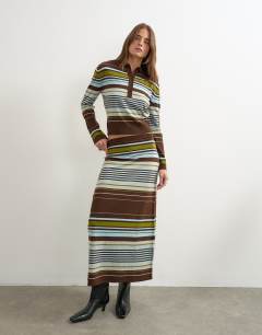 Model wearing Knitted co-ord long sleeve stripe polo top in burgundy multi