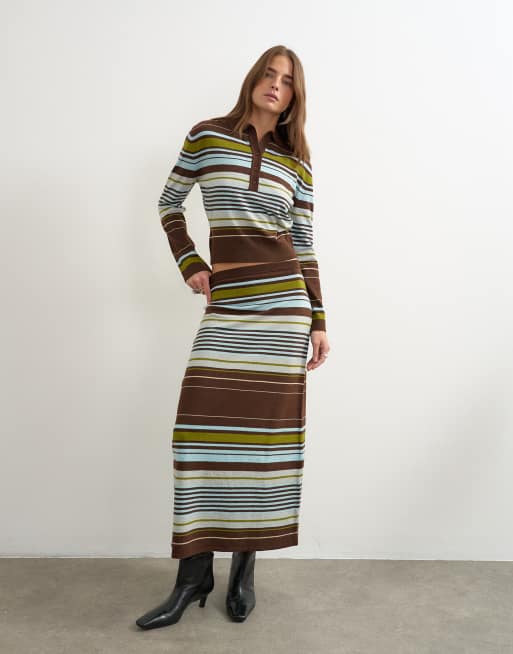 Topshop knitted co-ord long sleeve stripe polo top in burgundy multi, 2 of 4