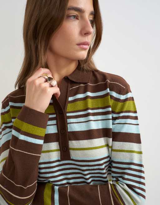 Topshop knitted co-ord long sleeve stripe polo top in burgundy multi, 3 of 4