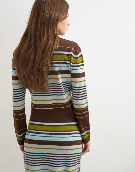 Topshop knitted co-ord long sleeve stripe polo top in burgundy multi, 4 of 4