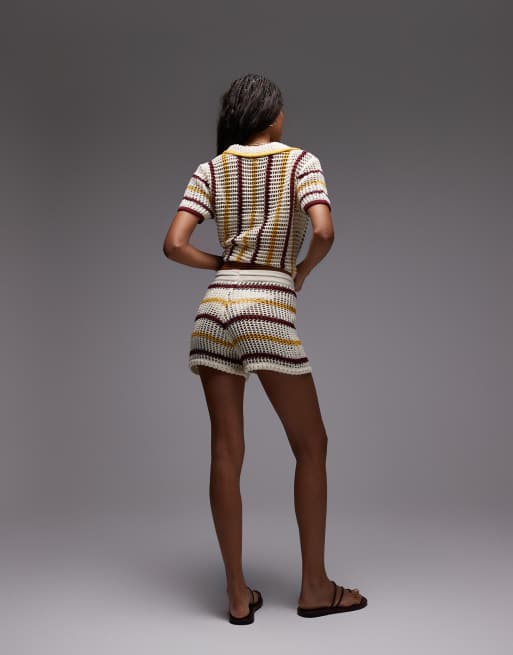 Topshop knitted co-ord open stitch stripe short in red, mustard and cream, 2 of 5