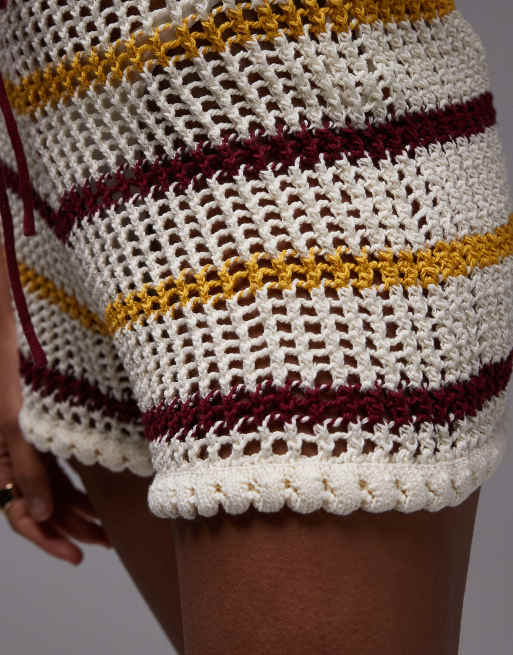 Topshop knitted co-ord open stitch stripe short in red, mustard and cream, 3 of 5