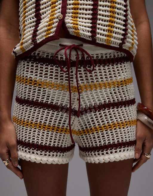 Topshop knitted co-ord open stitch stripe short in red, mustard and cream, 4 of 5