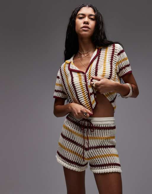 Topshop knitted co-ord open stitch stripe short in red, mustard and cream, 5 of 5
