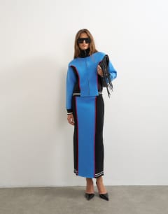 Model wearing Knitted co-ord pencil midi skirt in blue